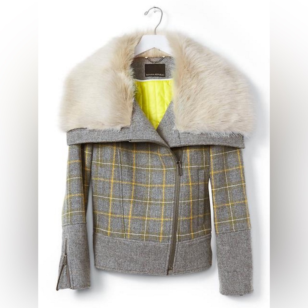 Banana Republic Plaid Moto Jacket NWT faux-fur collar women’s small pea coat